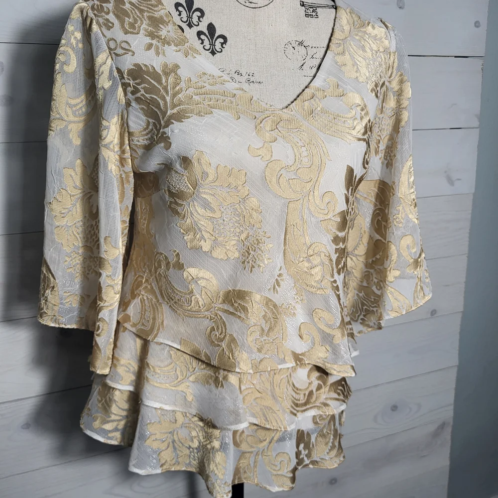 Alex Evening Top Metallic Gold Tiered Elegant Flowy V-Neck Fairycore Blouse.